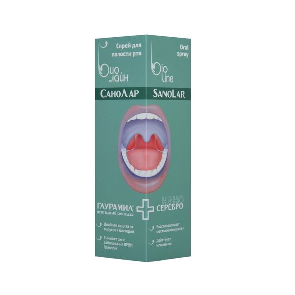 Фотография товара Спрей для гигиены полости рта с пептидным комплексом глурамил и наносеребром Биолайн Санолар 30мл